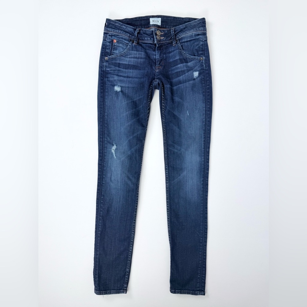 Hudson Collin Skinny Flap Jeans in Distressed Dark Blue Wash Size 25